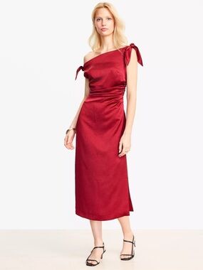 LOFT Red One-Shoulder Satin Tie Midi Dress